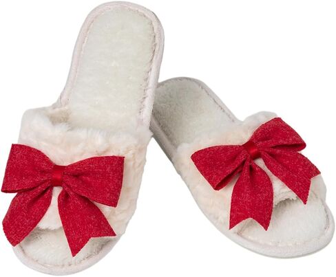 Enteer Women’s Fuzzy Bow House Slippers, Memory Foam Slides, Open Toe Plush Fleece Slippers for Indoor, Anti-Slip Rubber Sole, Ideal Bridal Party & Mother’s Day Gifts in Saudi Arabia