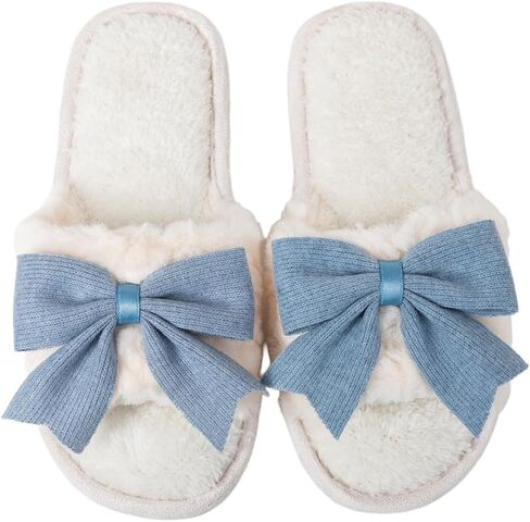 Enteer Women’s Fuzzy Bow House Slippers, Memory Foam Slides, Open Toe Plush Fleece Slippers for Indoor, Anti-Slip Rubber Sole, Ideal Bridal Party & Mother’s Day Gifts in Saudi Arabia