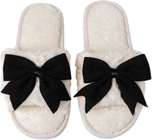 Enteer Women’s Fuzzy Bow House Slippers, Memory Foam Slides, Open Toe Plush Fleece Slippers for Indoor, Anti-Slip Rubber Sole, Ideal Bridal Party & Mother’s Day Gifts in Saudi Arabia