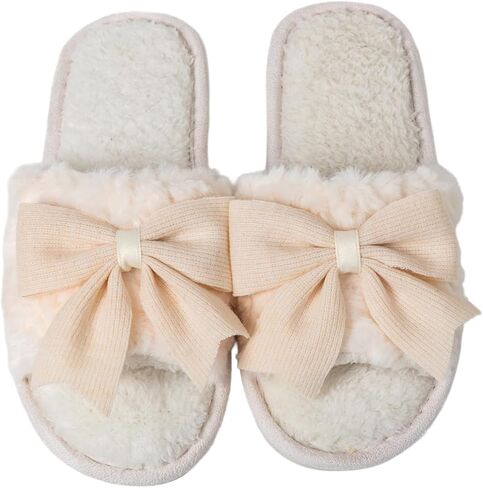 Enteer Women’s Fuzzy Bow House Slippers, Memory Foam Slides, Open Toe Plush Fleece Slippers for Indoor, Anti-Slip Rubber Sole, Ideal Bridal Party & Mother’s Day Gifts in Saudi Arabia