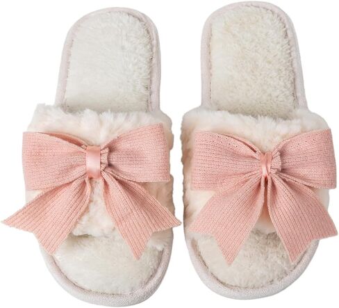 Enteer Women’s Fuzzy Bow House Slippers, Memory Foam Slides, Open Toe Plush Fleece Slippers for Indoor, Anti-Slip Rubber Sole, Ideal Bridal Party & Mother’s Day Gifts in Saudi Arabia