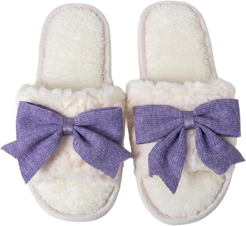 Enteer Women’s Fuzzy Bow House Slippers, Memory Foam Slides, Open Toe Plush Fleece Slippers for Indoor, Anti-Slip Rubber Sole, Ideal Bridal Party & Mother’s Day Gifts in Saudi Arabia