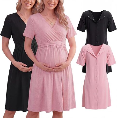 Cutecrop 2 Pack Labor and Delivery Gown for Hospital Maternity Nursing Dress Nightgown Button Back Birth Recovery Sleepwear in Kuwait