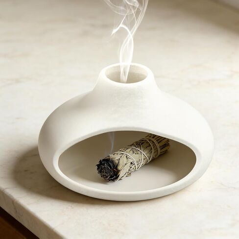 Palo Santo Holder Ceramic Incense Burner, Mini Chimney for Burning Sage and Incense Cones, Aromatic Smudge Bowl for Meditation and Yoga, Zen Room Decor, Easy-Clean Ash Catcher (White) in Saudi Arabia
