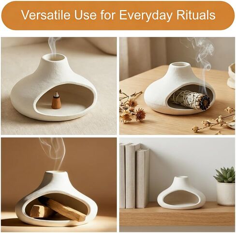 Palo Santo Holder Ceramic Incense Burner, Mini Chimney for Burning Sage and Incense Cones, Aromatic Smudge Bowl for Meditation and Yoga, Zen Room Decor, Easy-Clean Ash Catcher (White) in Saudi Arabia