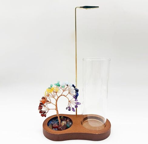 Upside-Down Hanging Incense Stick Holder with 7 Chakra Crystal Tree Design, Glass Ash Catcher & Wooden Base - Aromatherapy Accessory for Meditation, Yoga & Home Decor in Saudi Arabia