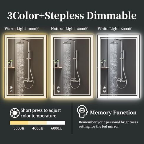 COLMERD 24 x 36'' LED Mirror for Bathroom Anti-Fog 3 Colors Dimmable Bathroom Mirror with Lights Brightness Lighted Vanity Mirror Wall Mounted Memory Touch Sensor Horizontal/Vertical Home Decor in Saudi Arabia