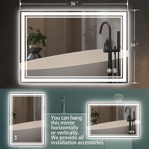 COLMERD 24 x 36'' LED Mirror for Bathroom Anti-Fog 3 Colors Dimmable Bathroom Mirror with Lights Brightness Lighted Vanity Mirror Wall Mounted Memory Touch Sensor Horizontal/Vertical Home Decor in Saudi Arabia