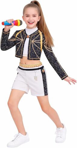 Girls Demon Cosplay Hunters Costume Kids Pop Singer Costume Outfit Black & Golden Jacket with Top and Shorts in Saudi Arabia