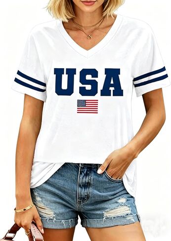 OJLPHH American Flag Shirts Women V-Neck 4th of July Patriotic Graphic Tees Shirts Short Sleeve Summer T-Shirt in Saudi Arabia