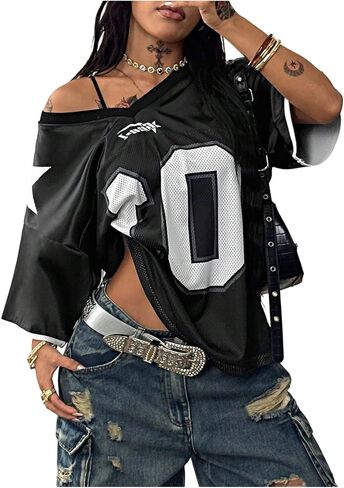 SOLY HUX Women's Y2k Oversized Tops V Neck Number Graphic T Shirts Streetwear Jersey Shirts in Kuwait