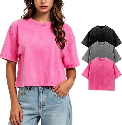 Women's Oversized Cropped T Shirts Boxy Cropped Tees for Women Acid Wash Vintage Tees Loose Fit Y2K Grunge Tops in Saudi Arabia