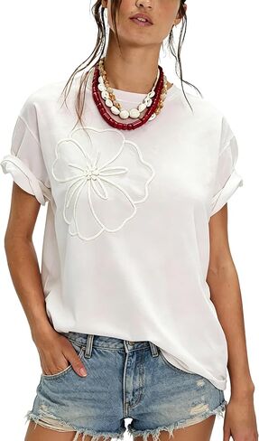 Women's Floral Embroidered Tops Cotton Crew Neck Short Sleeve Shirts Loose Fit Blouses Casual Summer Y2K Tee in Saudi Arabia