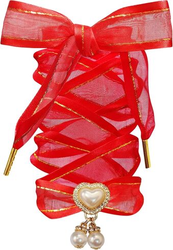 Satin Organza Ribbon Shoelaces with Pearl Heart Charm, Fashion Shoe Laces for Women in Saudi Arabia