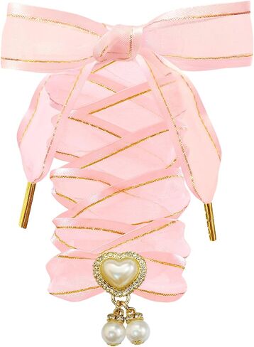 Satin Organza Ribbon Shoelaces with Pearl Heart Charm, Fashion Shoe Laces for Women in Saudi Arabia