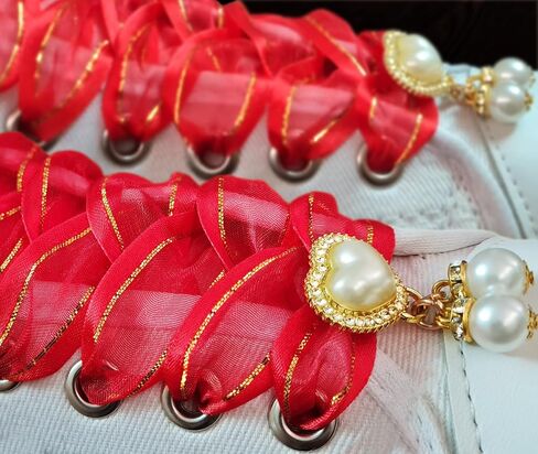 Satin Organza Ribbon Shoelaces with Pearl Heart Charm, Fashion Shoe Laces for Women in Saudi Arabia