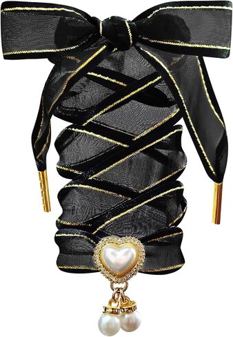 Satin Organza Ribbon Shoelaces with Pearl Heart Charm, Fashion Shoe Laces for Women in Saudi Arabia