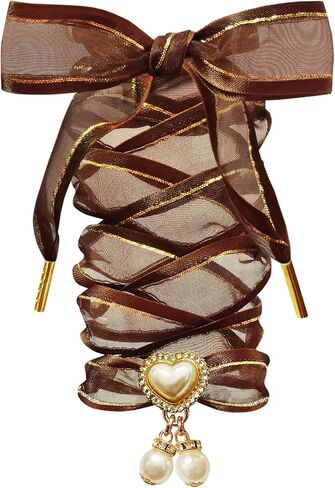 Satin Organza Ribbon Shoelaces with Pearl Heart Charm, Fashion Shoe Laces for Women in Saudi Arabia