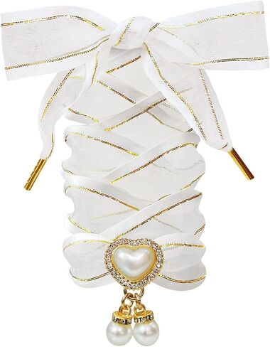 Satin Organza Ribbon Shoelaces with Pearl Heart Charm, Fashion Shoe Laces for Women in Saudi Arabia