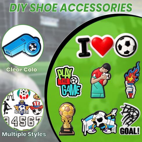 46PCS Soccer Shoe Charms for Clogs, 2026 Football Shoe Accessories with Player, Goal Themed PVC Shoe Decorations for Soccer Party Favors Birthday Gifts in Kuwait