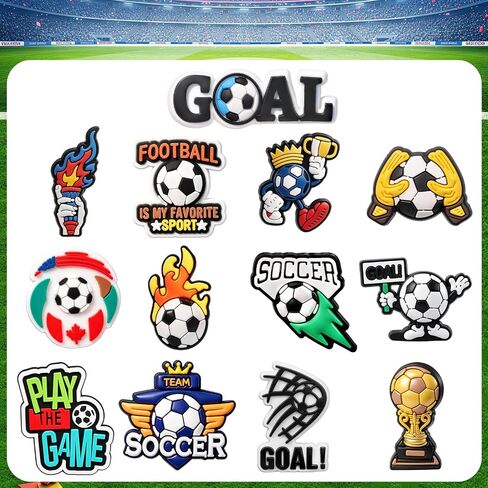 46PCS Soccer Shoe Charms for Clogs, 2026 Football Shoe Accessories with Player, Goal Themed PVC Shoe Decorations for Soccer Party Favors Birthday Gifts in Kuwait