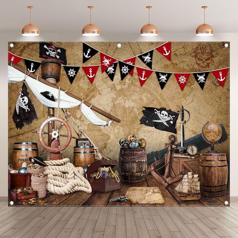 ZTHMOE 7x5ft Polyester Halloween Pirate Photography Backdrop Nautical Treasure Map Background Kids Pirates Ship Birthday Party Decorations Photo Banner Props with Four Holes Easy to Hang in Saudi Arabia