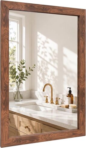 24" x 36" Walnut Finish Wall Mirror, Bathroom Vanity Mirror for Over Sink, Dark Walnut Wood-Look Textured Frame, Warm Rustic Rectangular Decorative Mirror, Tempered Glass in Saudi Arabia