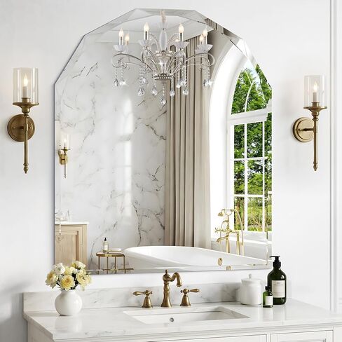 Beveled Arched Mirror, 30"x36" Arch Vanity Mirror with Diamond Cut Beveled Edge, 5mm Tempered Glass, Decorative Frameless Wall Mirror for Bedroom, Mantle, Living Room and Entryway in Saudi Arabia