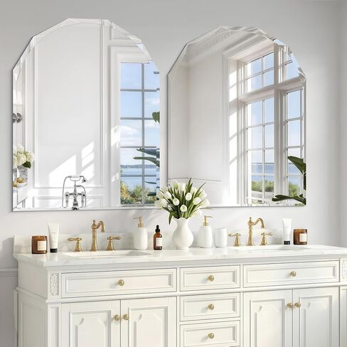 Beveled Arched Mirror, 30"x36" Arch Vanity Mirror with Diamond Cut Beveled Edge, 5mm Tempered Glass, Decorative Frameless Wall Mirror for Bedroom, Mantle, Living Room and Entryway in Saudi Arabia