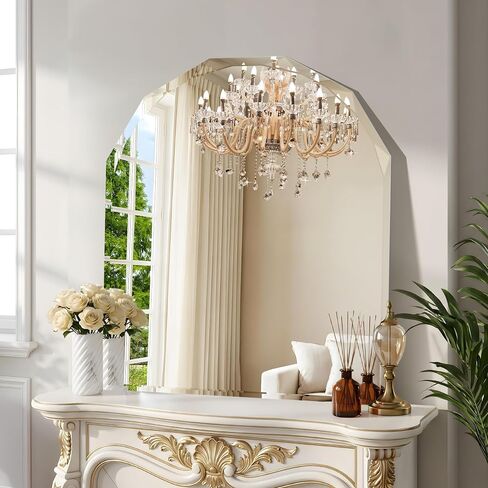 Beveled Arched Mirror, 30"x36" Arch Vanity Mirror with Diamond Cut Beveled Edge, 5mm Tempered Glass, Decorative Frameless Wall Mirror for Bedroom, Mantle, Living Room and Entryway in Saudi Arabia