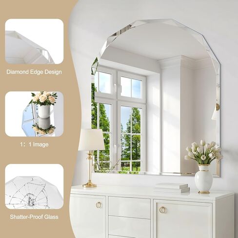 Beveled Arched Mirror, 30"x36" Arch Vanity Mirror with Diamond Cut Beveled Edge, 5mm Tempered Glass, Decorative Frameless Wall Mirror for Bedroom, Mantle, Living Room and Entryway in Saudi Arabia