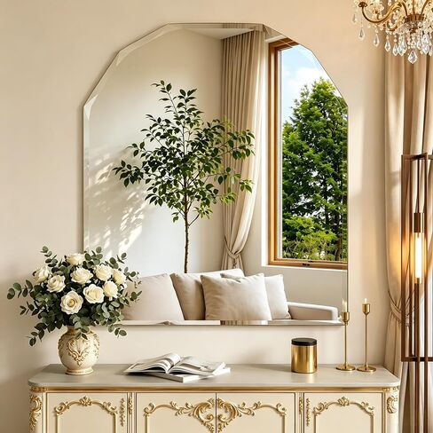 Beveled Arched Mirror, 30"x36" Arch Vanity Mirror with Diamond Cut Beveled Edge, 5mm Tempered Glass, Decorative Frameless Wall Mirror for Bedroom, Mantle, Living Room and Entryway in Saudi Arabia