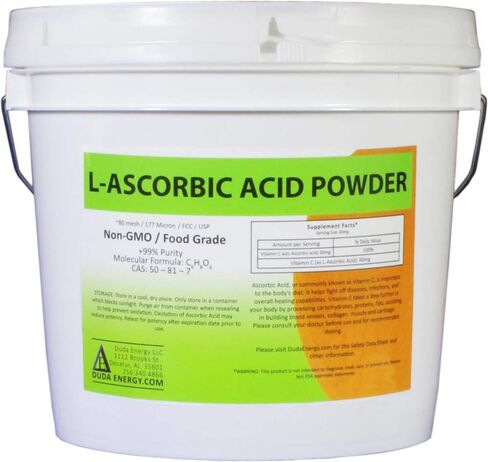 Duda Energy asc8p Pail of L-Ascorbic Acid Powder 99+% Food Grade USP36/BP2012 Naturally Fermented Pure White Crystals Form of Vitamin C, 8 lb. in Kuwait