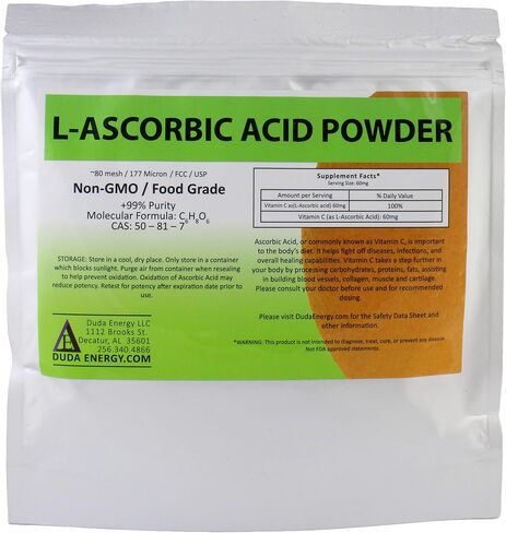 Duda Energy asc8p Pail of L-Ascorbic Acid Powder 99+% Food Grade USP36/BP2012 Naturally Fermented Pure White Crystals Form of Vitamin C, 8 lb. in Kuwait
