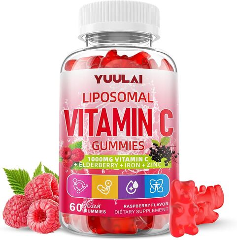 Liposomal Vitamin C 1000mg Gummies for Adults, Vitamin C Chewable with Iron, Zinc & Elderberry for Immune Support & Energy, Sugar Free, Raspberry Flavor, 60 Count in Saudi Arabia