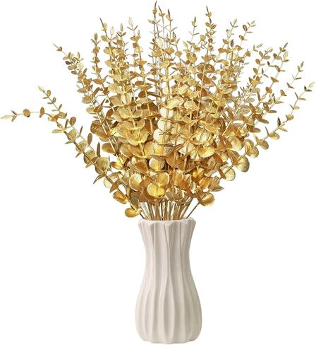 50 Pcs Gold Flowers Gold Eucalyptus Leaves Stems 15'' Faux Eucalyptus Leaves Decor Fake for Wedding Party Bouquet House Home Farmhouse Vase DIY Craft in Saudi Arabia