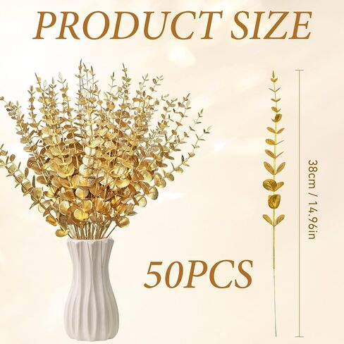 50 Pcs Gold Flowers Gold Eucalyptus Leaves Stems 15'' Faux Eucalyptus Leaves Decor Fake for Wedding Party Bouquet House Home Farmhouse Vase DIY Craft in Saudi Arabia