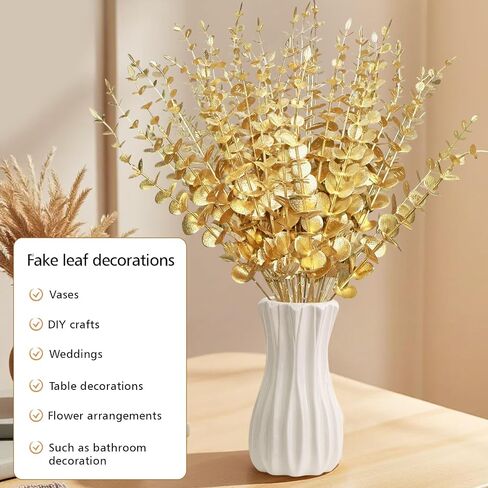 50 Pcs Gold Flowers Gold Eucalyptus Leaves Stems 15'' Faux Eucalyptus Leaves Decor Fake for Wedding Party Bouquet House Home Farmhouse Vase DIY Craft in Saudi Arabia