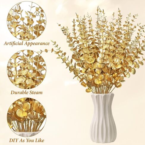 50 Pcs Gold Flowers Gold Eucalyptus Leaves Stems 15'' Faux Eucalyptus Leaves Decor Fake for Wedding Party Bouquet House Home Farmhouse Vase DIY Craft in Saudi Arabia