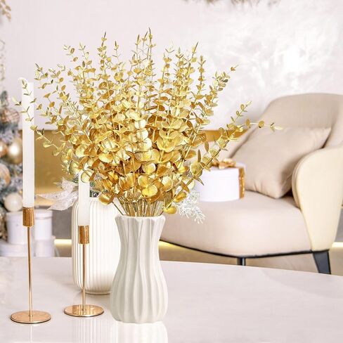 50 Pcs Gold Flowers Gold Eucalyptus Leaves Stems 15'' Faux Eucalyptus Leaves Decor Fake for Wedding Party Bouquet House Home Farmhouse Vase DIY Craft in Saudi Arabia