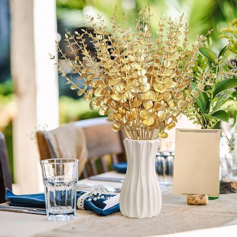 50 Pcs Gold Flowers Gold Eucalyptus Leaves Stems 15'' Faux Eucalyptus Leaves Decor Fake for Wedding Party Bouquet House Home Farmhouse Vase DIY Craft in Saudi Arabia