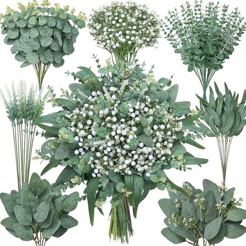 Serwalin 180 Pcs 7 Kinds Mixed Artificial Eucalyptus Greenery Stems Bulk, Baby Breath Flowers Artificial with Faux Leaves Picks for DIY Bouquets Wedding Floral Centerpieces Vase Table Home Decor in Saudi Arabia