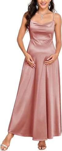 AISWI Maternity Satin Dress Pearl Spaghetti Strap Cowl Neck A-Line Pregnancy Gown for Baby Shower Photoshoot Evening in Saudi Arabia