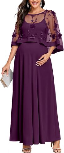 AISWI 2PCS Maternity Dress with 3D Floral Mesh Cape Flowy A-Line Maxi Evening Gown for Baby Shower Photoshoot Formal in Saudi Arabia