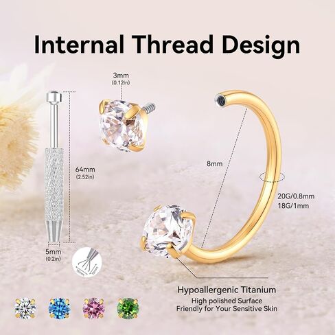 18G/20G Horseshoe Nose Ring,Hypoallergenic Titanium Horse Shoe Nose Ring For Women,Internally Threaded Lip Septum Helix Daith Ear Gold/Sliver Nose Piercing Jewelry 8mm in Kuwait