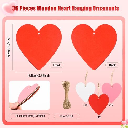 36 Pieces Valentine's Day Wood Heart Cutouts Blank Heart Shaped Unfinished Wooden Ornaments Red Wood Hearts Cutouts with Hole Strings for Wedding DIY Art Craft Party Decoration,3.3 x 3.5 inch in Kuwait