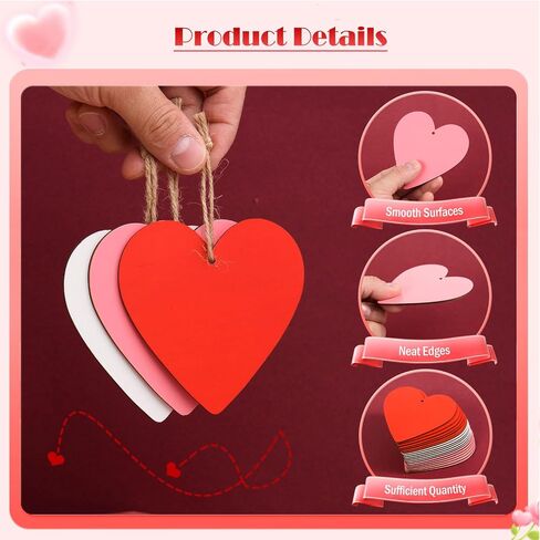 36 Pieces Valentine's Day Wood Heart Cutouts Blank Heart Shaped Unfinished Wooden Ornaments Red Wood Hearts Cutouts with Hole Strings for Wedding DIY Art Craft Party Decoration,3.3 x 3.5 inch in Kuwait