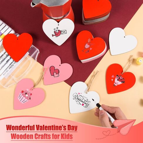 36 Pieces Valentine's Day Wood Heart Cutouts Blank Heart Shaped Unfinished Wooden Ornaments Red Wood Hearts Cutouts with Hole Strings for Wedding DIY Art Craft Party Decoration,3.3 x 3.5 inch in Kuwait