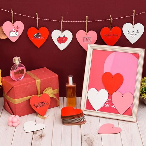36 Pieces Valentine's Day Wood Heart Cutouts Blank Heart Shaped Unfinished Wooden Ornaments Red Wood Hearts Cutouts with Hole Strings for Wedding DIY Art Craft Party Decoration,3.3 x 3.5 inch in Kuwait