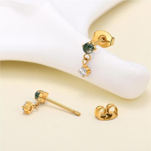 1 Pair ASTM F136 Titanium Earrings for Women, Dainty Flat Back Stud, Moss Agate Dangle Earrings, Cartilage Earrings in Saudi Arabia